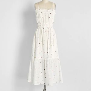 Modcloth Tiered White Lined Dress Spaghetti Straps with Beetles+Flowers Size M